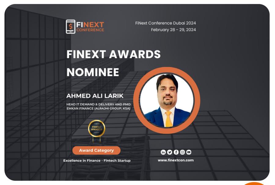 FiNext Awards nominee card for Ahmed Ali Larik, Dubai 2024